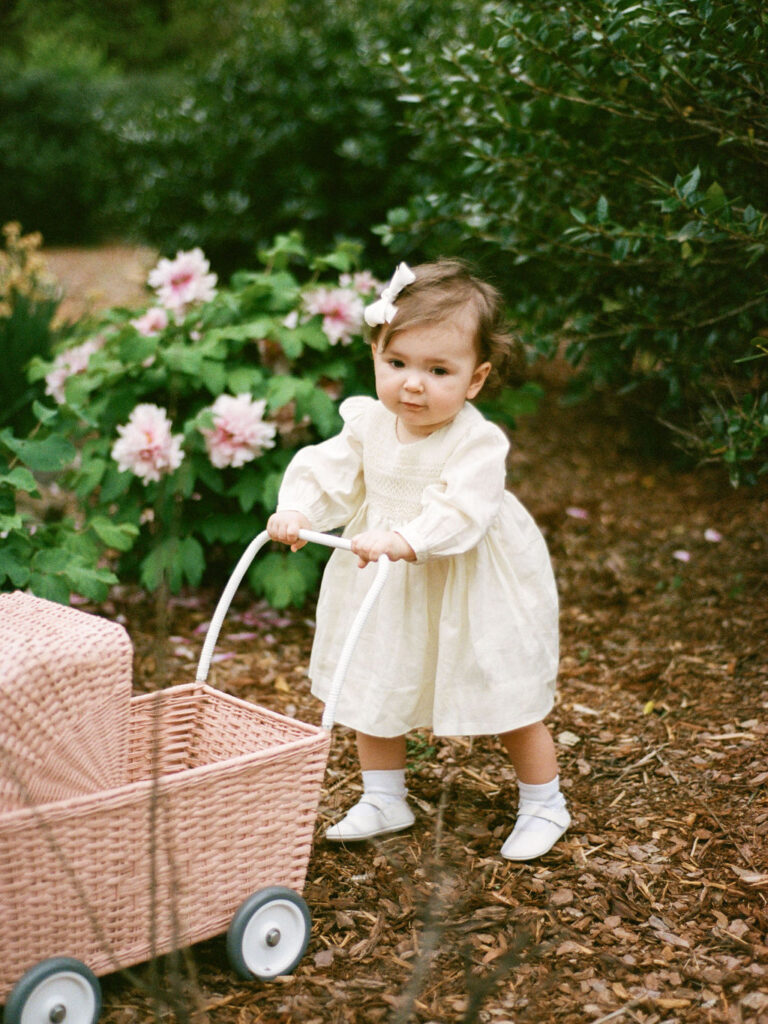 A toddler in a yellow dress pushes a stroller through the Huntsville Botanical Garden during her family's photo session with Fauna & Film