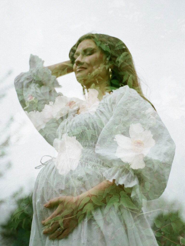 A double exposure with a photo of a pregnant woman in a white Doen dress and a photo of flowers