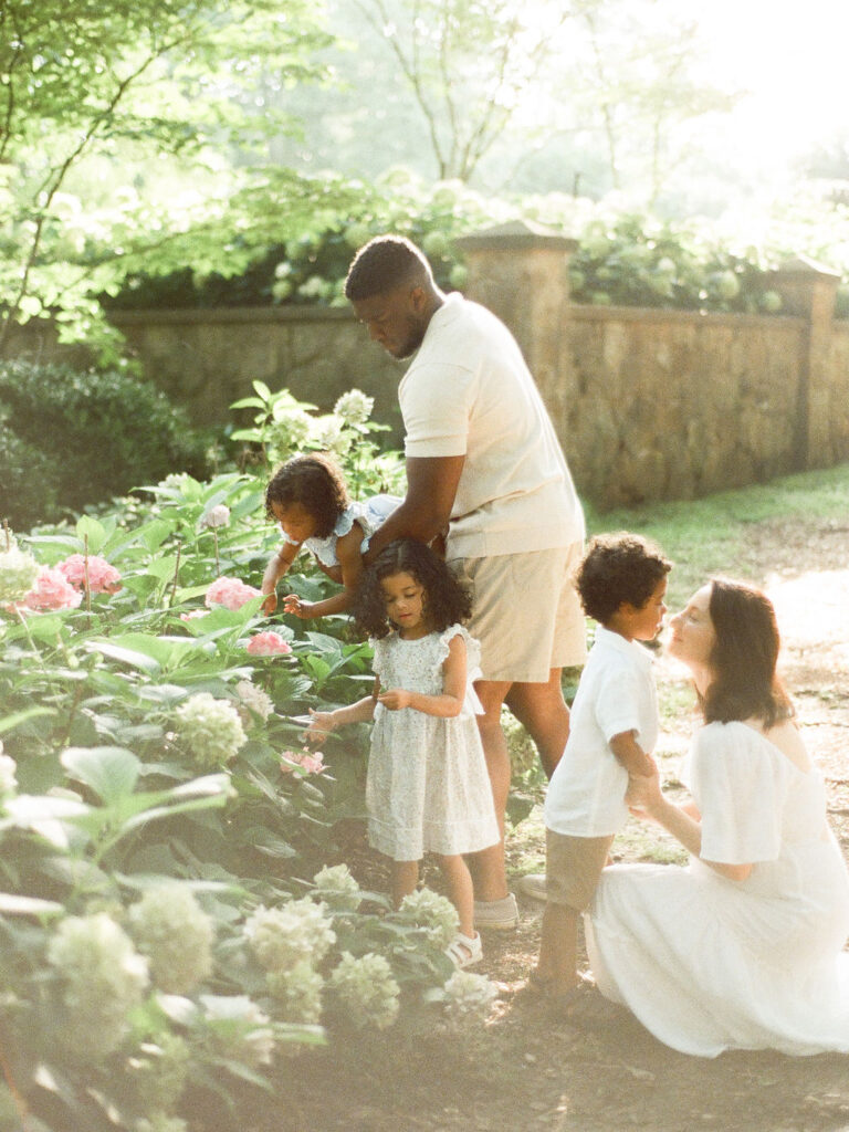 family explores delano park rose garden during maternity session by fauna & film