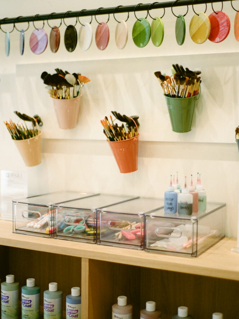 painting and glazing supplies at one of the fun things to do in Huntsville: paint-your-own pottery at Bisque by The Vessel